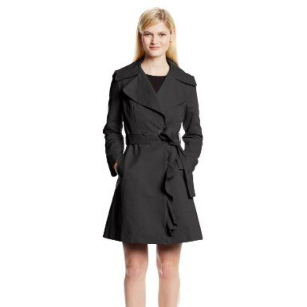 Tahari Black Wool Ruffle Peacoat